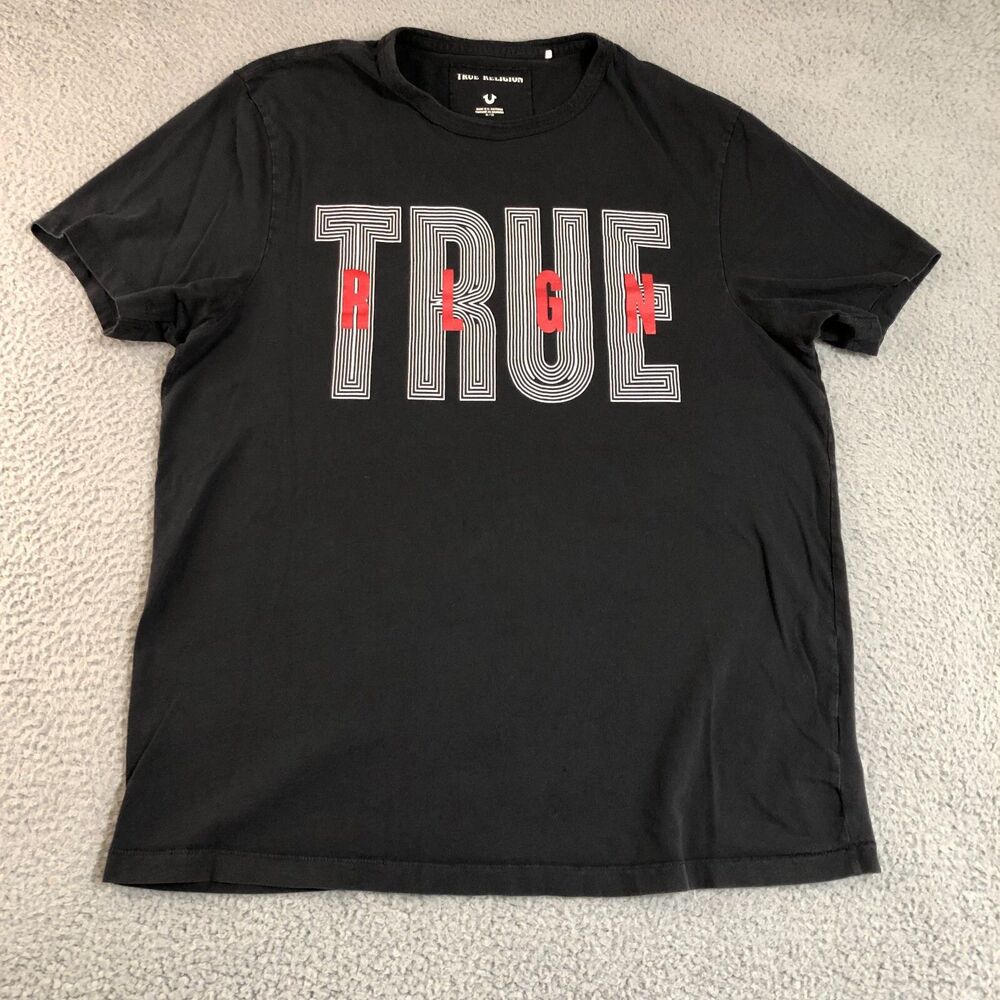 Adidas Shirt Mens Extra Large Black True Religion Logo Spell Out Tee Crew Neck